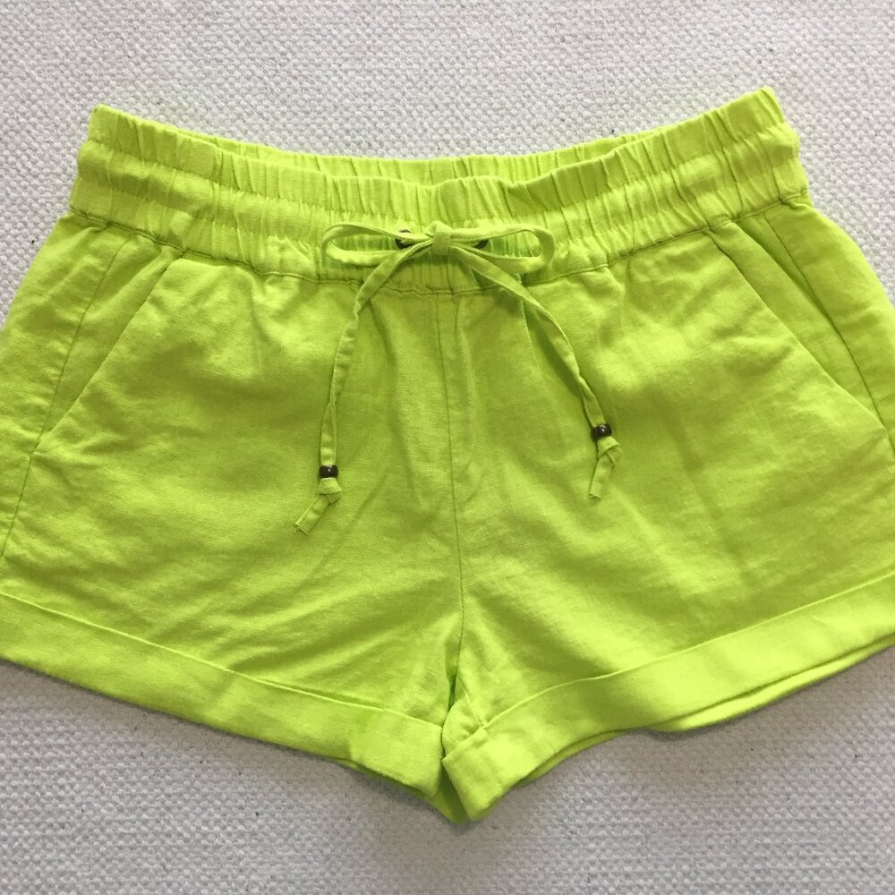 Neon Yellow Linen Waistband Shorts with String Tie